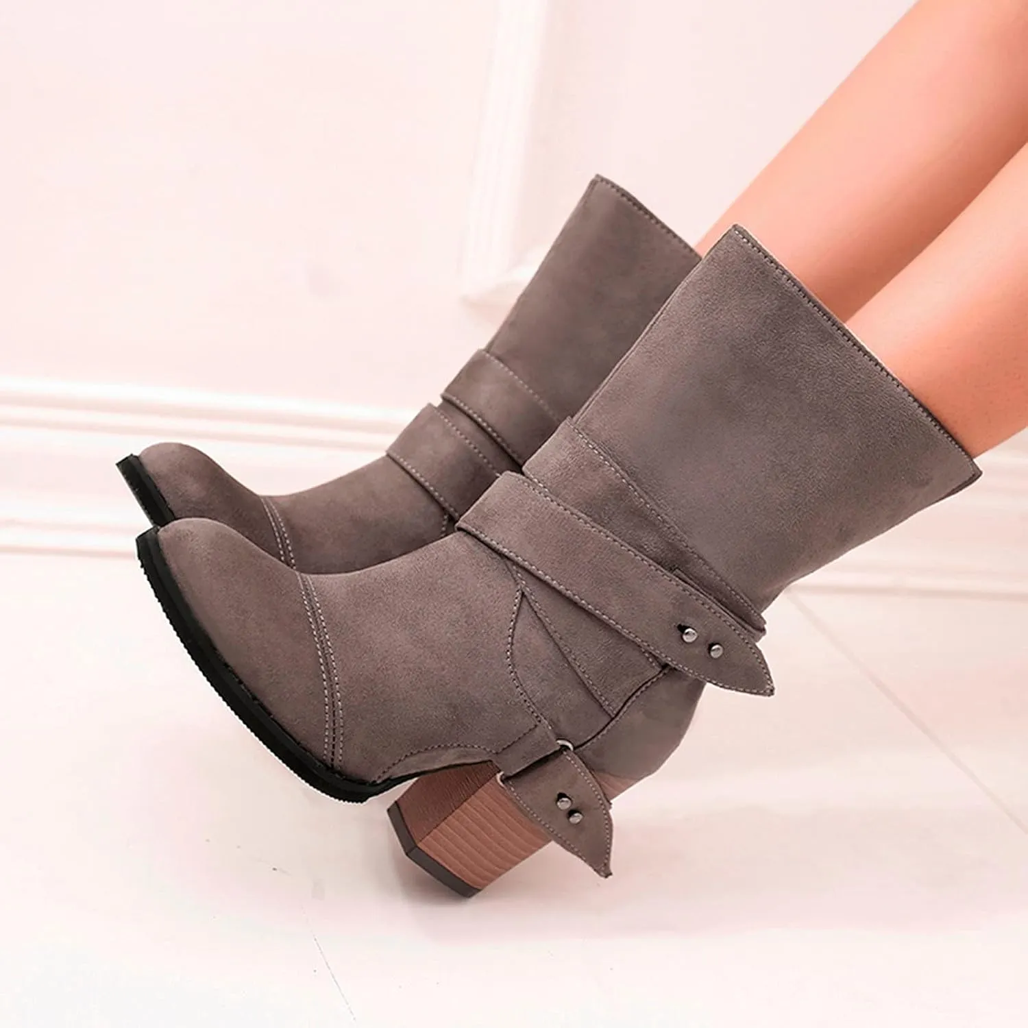 Wide Calf Boots for Women Fashion Pointed To Back Cutout Strap Buckle Thick High-heeled Ankle Booties Winter Solid Comfortable Square Heel Short Boots