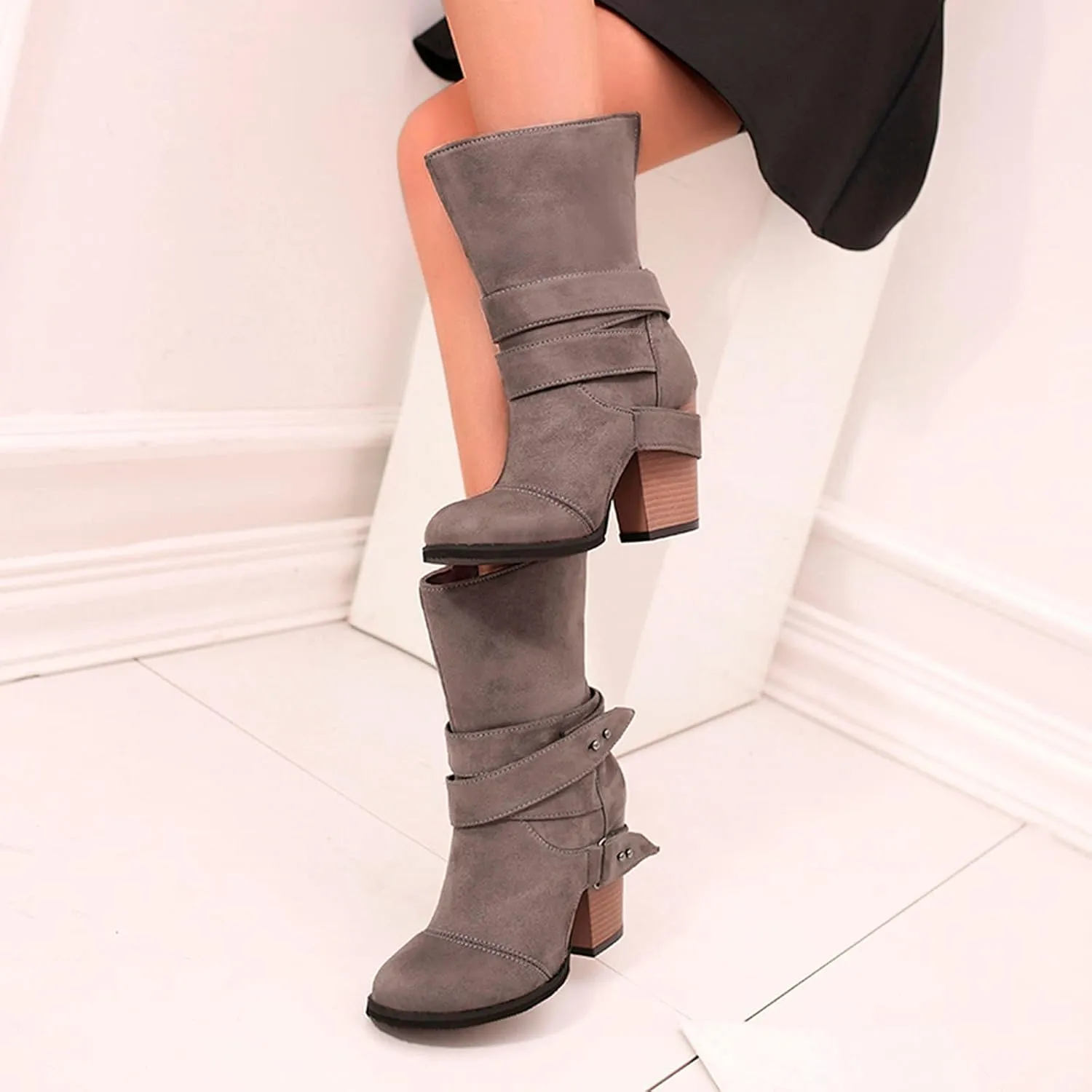 Wide Calf Boots for Women Fashion Pointed To Back Cutout Strap Buckle Thick High-heeled Ankle Booties Winter Solid Comfortable Square Heel Short Boots