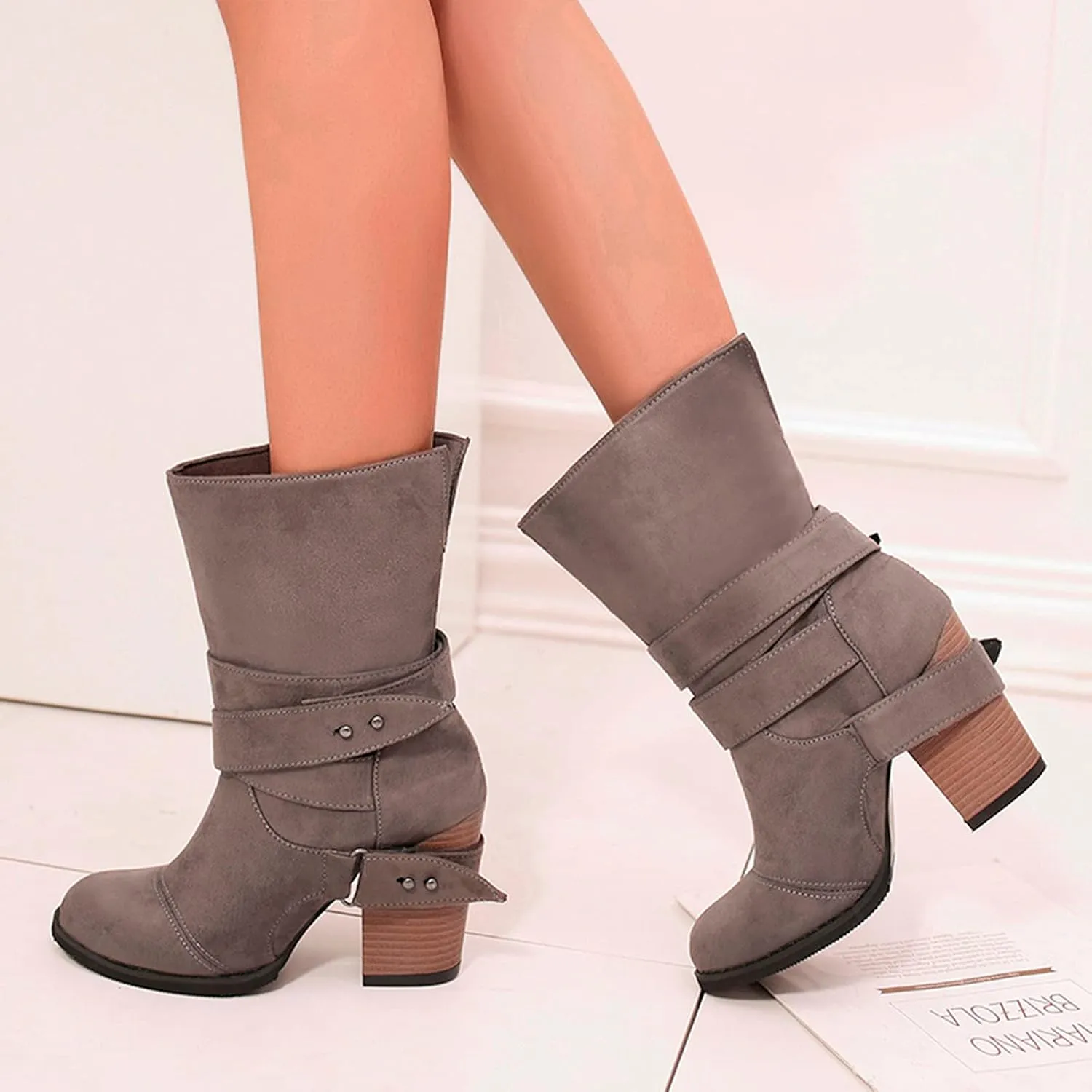 Wide Calf Boots for Women Fashion Pointed To Back Cutout Strap Buckle Thick High-heeled Ankle Booties Winter Solid Comfortable Square Heel Short Boots