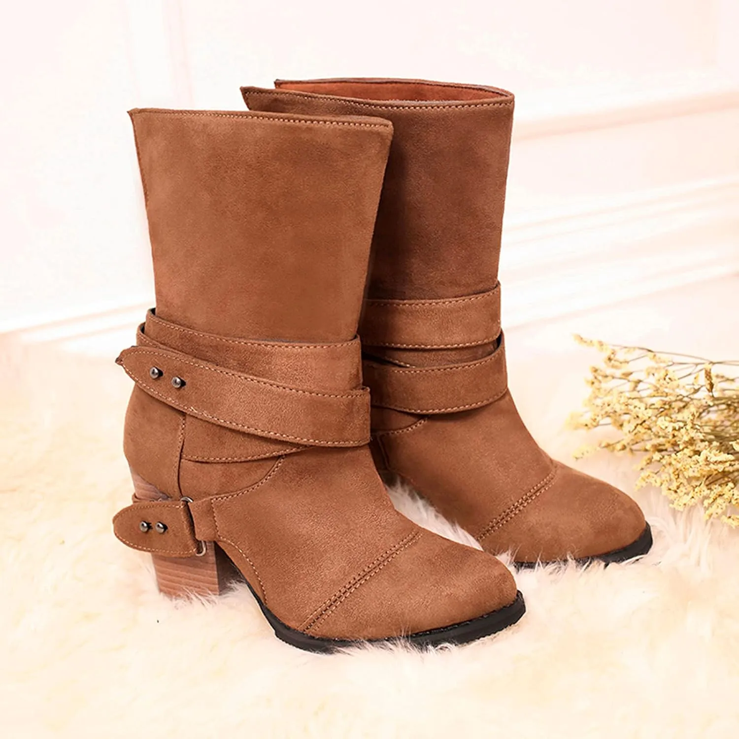 Wide Calf Boots for Women Fashion Pointed To Back Cutout Strap Buckle Thick High-heeled Ankle Booties Winter Solid Comfortable Square Heel Short Boots