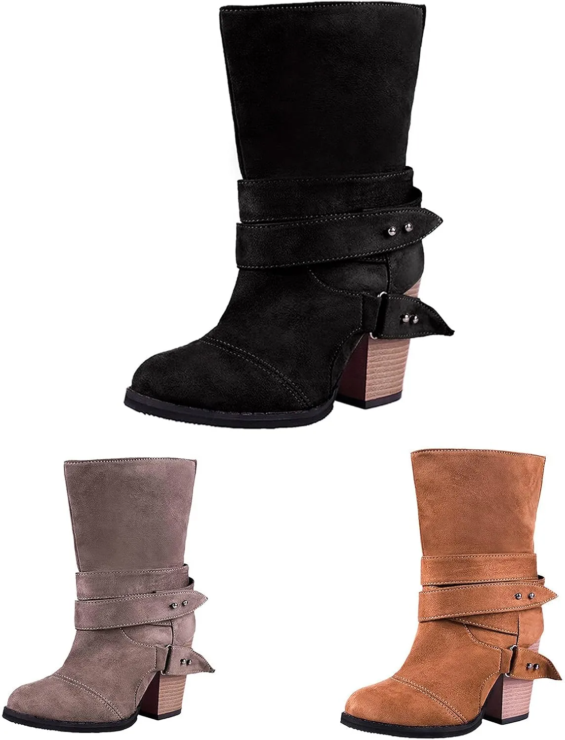 Wide Calf Boots for Women Fashion Pointed To Back Cutout Strap Buckle Thick High-heeled Ankle Booties Winter Solid Comfortable Square Heel Short Boots