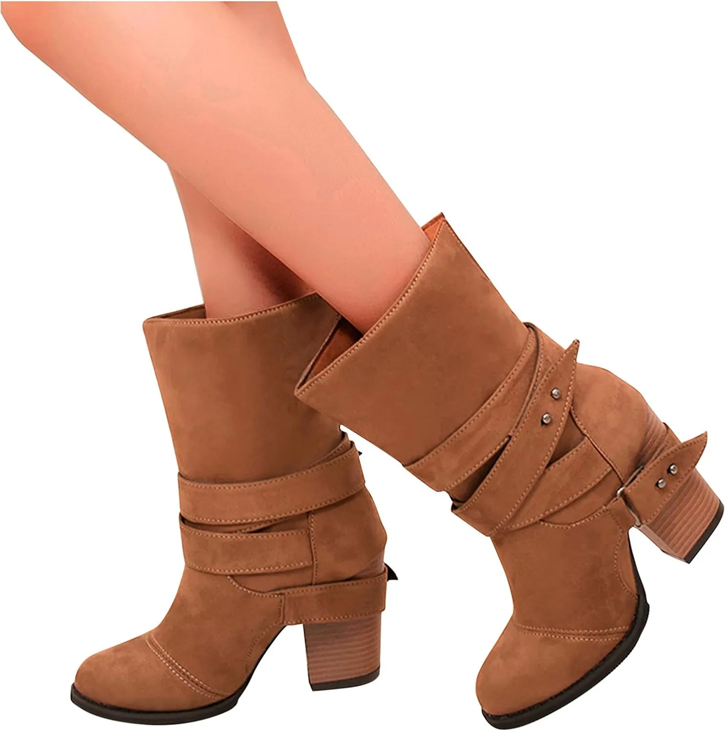 Wide Calf Boots for Women Fashion Pointed To Back Cutout Strap Buckle Thick High-heeled Ankle Booties Winter Solid Comfortable Square Heel Short Boots