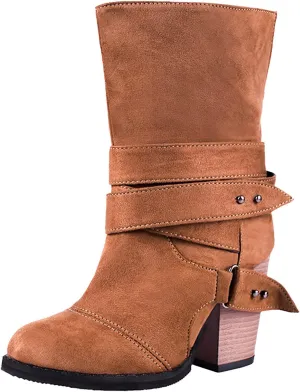 Wide Calf Boots for Women Fashion Pointed To Back Cutout Strap Buckle Thick High-heeled Ankle Booties Winter Solid Comfortable Square Heel Short Boots