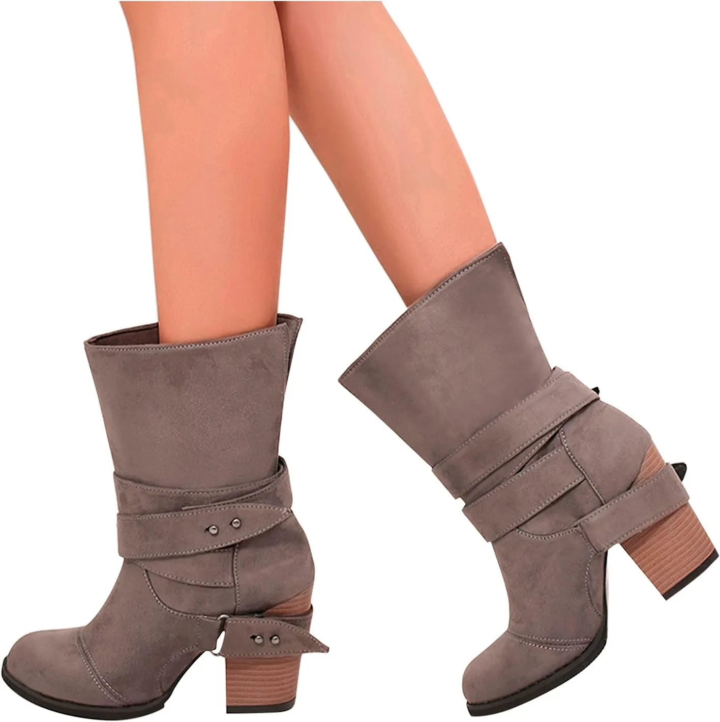 Wide Calf Boots for Women Fashion Pointed To Back Cutout Strap Buckle Thick High-heeled Ankle Booties Winter Solid Comfortable Square Heel Short Boots