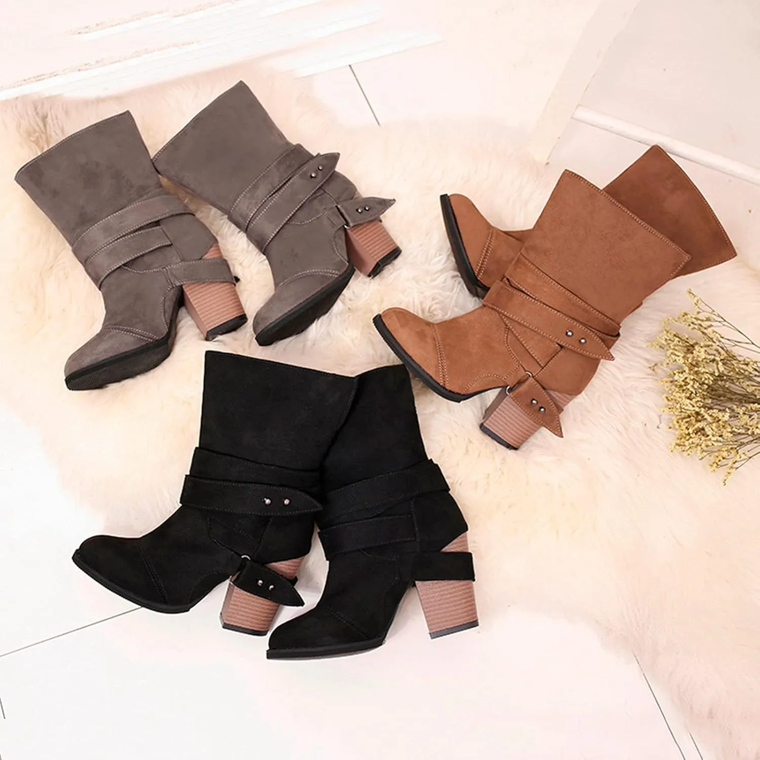 Wide Calf Boots for Women Fashion Pointed To Back Cutout Strap Buckle Thick High-heeled Ankle Booties Winter Solid Comfortable Square Heel Short Boots
