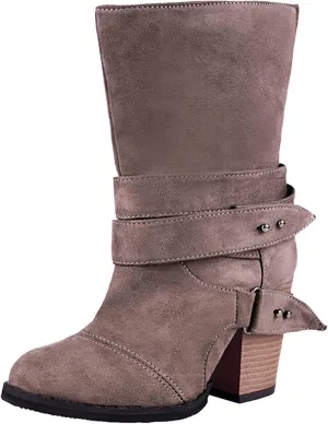 Wide Calf Boots for Women Fashion Pointed To Back Cutout Strap Buckle Thick High-heeled Ankle Booties Winter Solid Comfortable Square Heel Short Boots