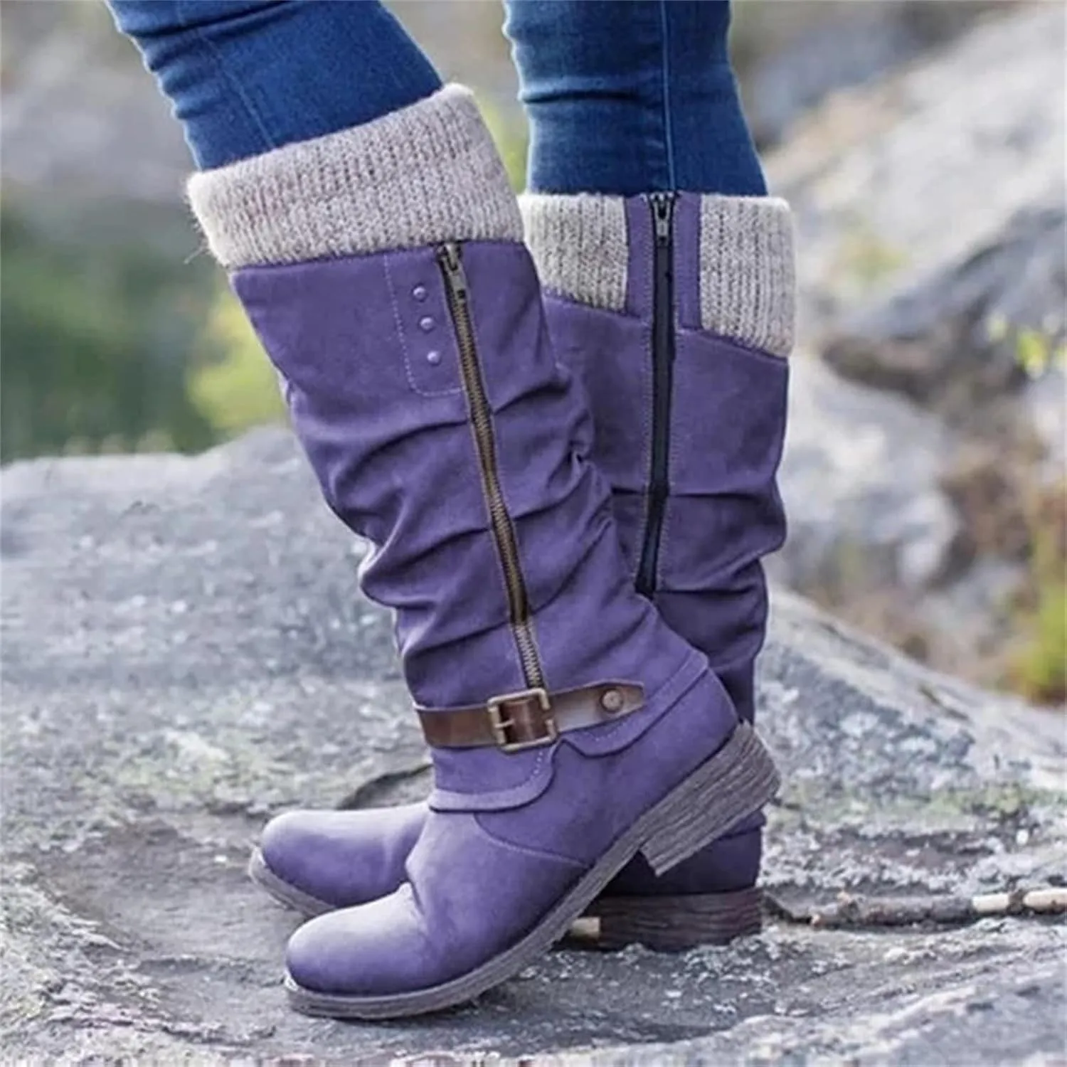 Winter Boots For Women Fashion 2022 Outdoor Walking Mid Calf Lace Up Side Zipper Low Heel Platform Military Combat Boot