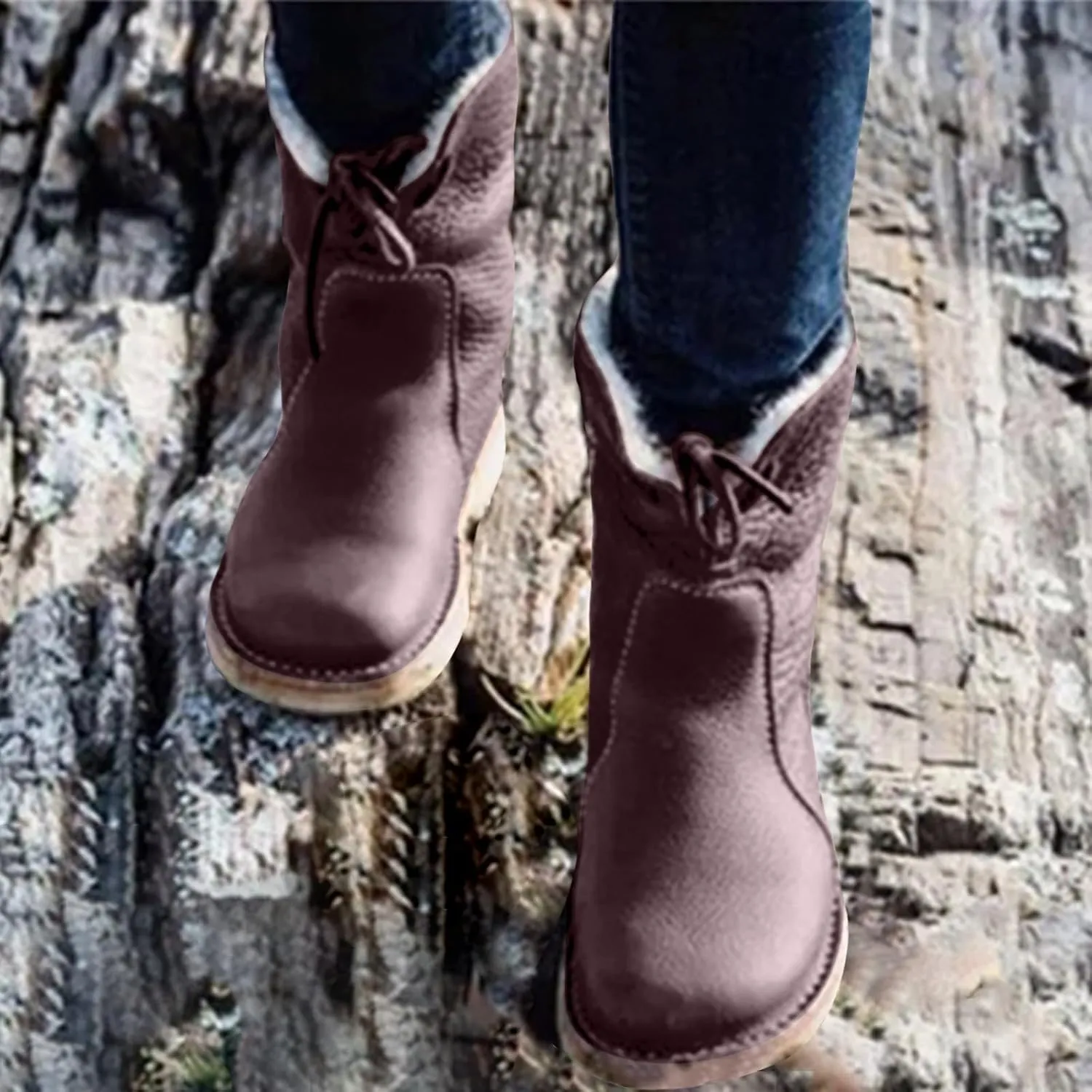 Winter Boots for Women Waterproof Leather Mid Calf Boots Warm Wool Lined Snow Shoes Flat Heel Lace Up Christmas Shoes