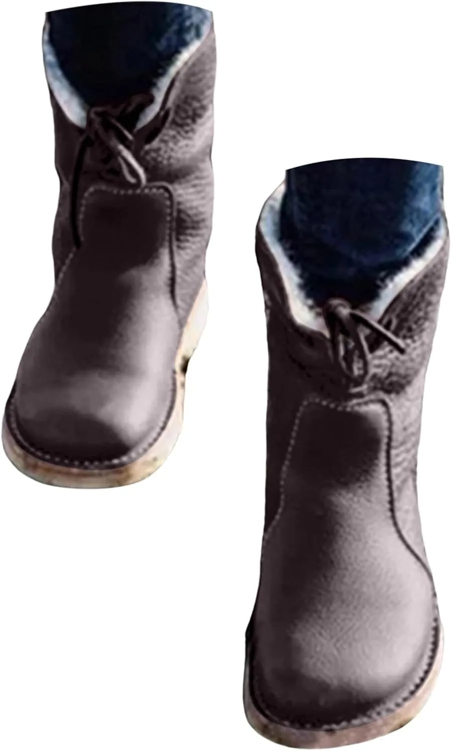 Winter Boots for Women Waterproof Leather Mid Calf Boots Warm Wool Lined Snow Shoes Flat Heel Lace Up Christmas Shoes