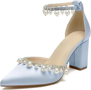 Women Closed Pointed Toe Wedding Heel Block Chunky Satin Pumps for Bride Pearls Prom Evening Dress Dance Shoes