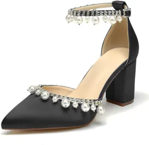 Women Closed Pointed Toe Wedding Heel Block Chunky Satin Pumps for Bride Pearls Prom Evening Dress Dance Shoes