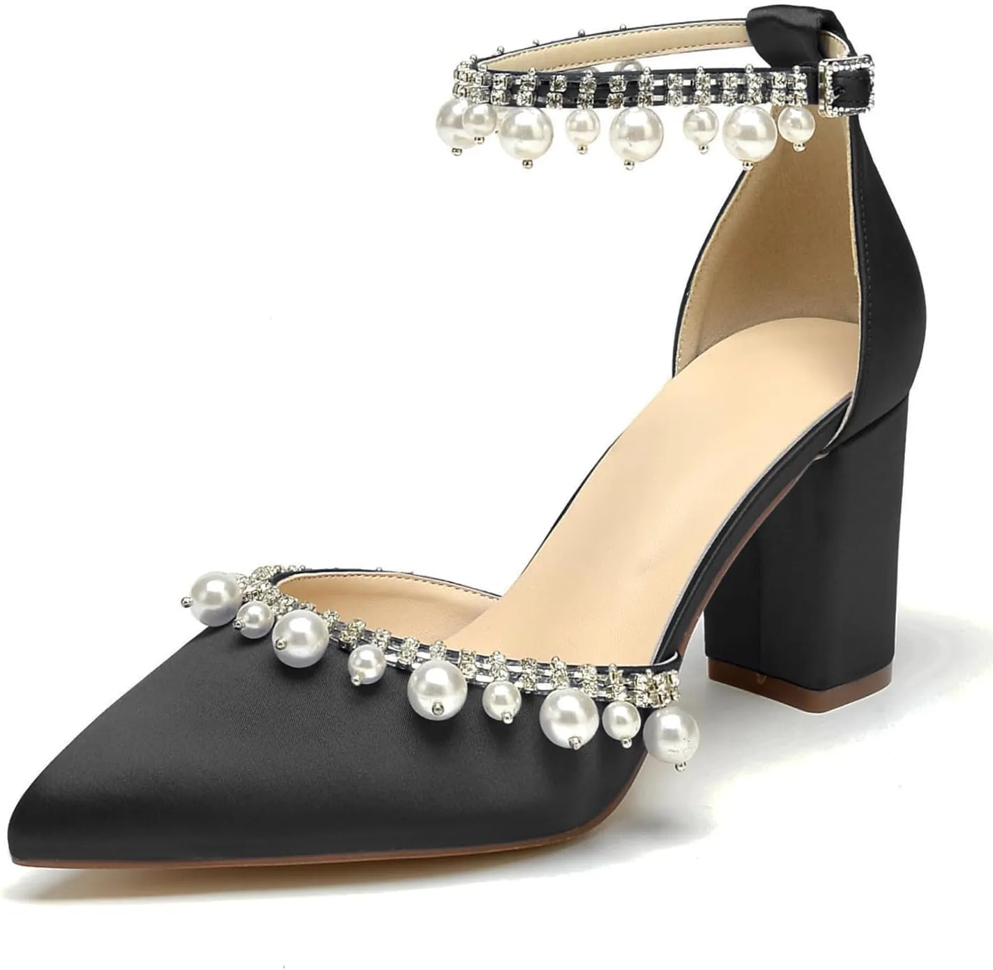 Women Closed Pointed Toe Wedding Heel Block Chunky Satin Pumps for Bride Pearls Prom Evening Dress Dance Shoes