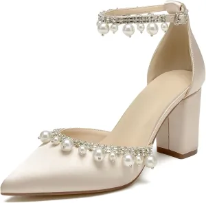 Women Closed Pointed Toe Wedding Heel Block Chunky Satin Pumps for Bride Pearls Prom Evening Dress Dance Shoes