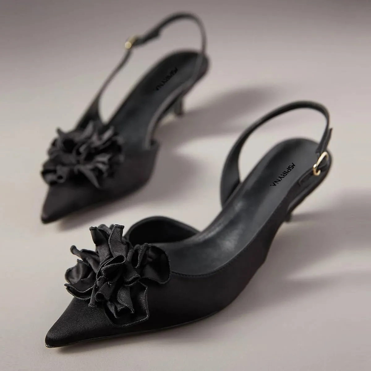 Women Graceful Flower Decor Pointed Toe Satin Slingback Pumps Slip on Low Kitten Heel Sandals Elegant Party Event Shoes Size 4-16 US