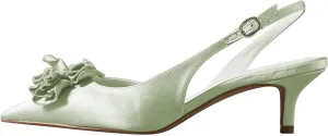 Women Graceful Flower Decor Pointed Toe Satin Slingback Pumps Slip on Low Kitten Heel Sandals Elegant Party Event Shoes Size 4-16 US