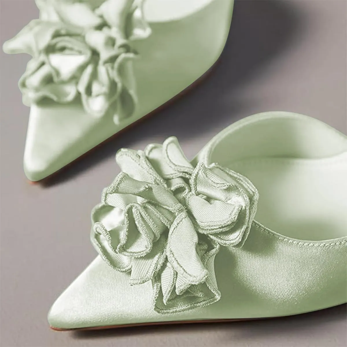 Women Graceful Flower Decor Pointed Toe Satin Slingback Pumps Slip on Low Kitten Heel Sandals Elegant Party Event Shoes Size 4-16 US