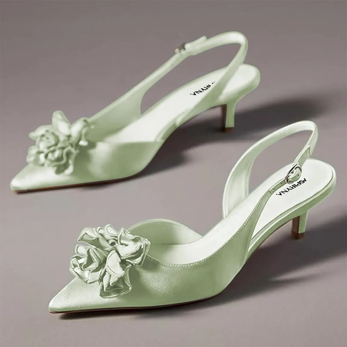 Women Graceful Flower Decor Pointed Toe Satin Slingback Pumps Slip on Low Kitten Heel Sandals Elegant Party Event Shoes Size 4-16 US