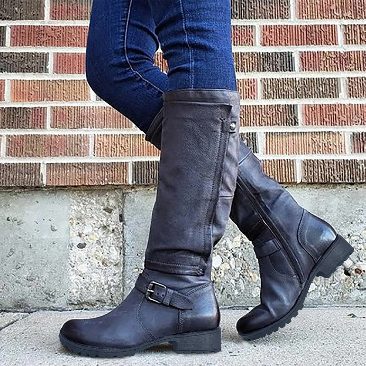 Women Low Heel Knee High Boots Fall Winter Warm Long Boot Lug Sole Non-Slip Riding Booties Shoes Comfy Walking Boots