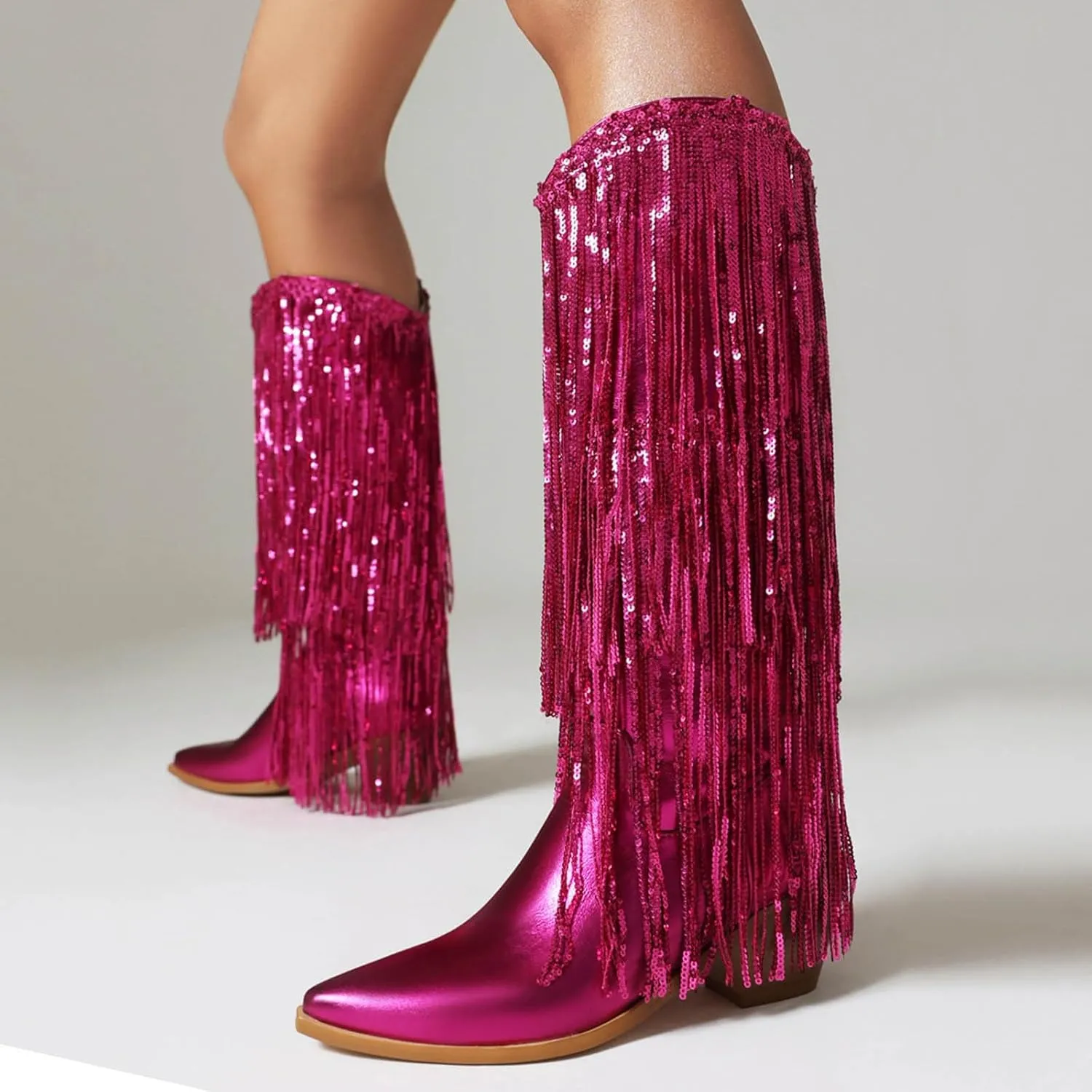 Women Mid Calf Boots Fashionable New Pattern Tassel Decoration Pointed Thick Heel Non Boots Womens Mid Calf with Heel