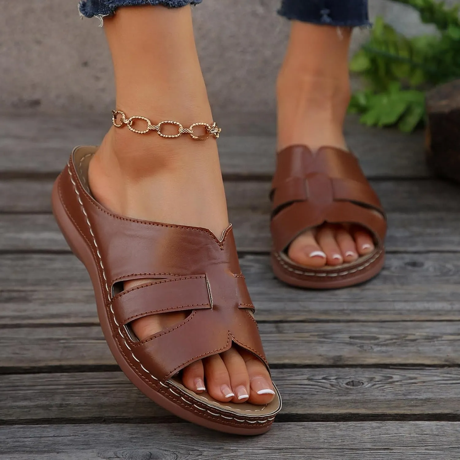 Women Summer Solid Slip On Casual Open Toe Wedges Comfortable Beach Shoes Sandals Flat Feet Arch Support Women Sandals