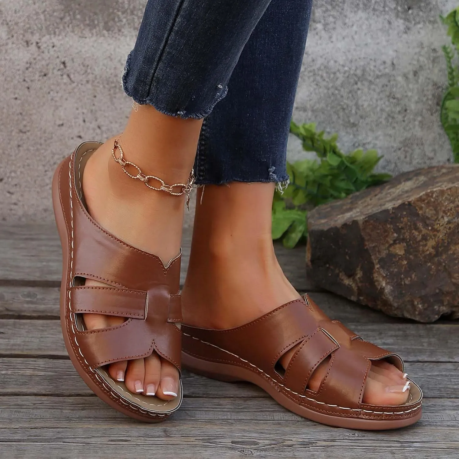 Women Summer Solid Slip On Casual Open Toe Wedges Comfortable Beach Shoes Sandals Flat Feet Arch Support Women Sandals