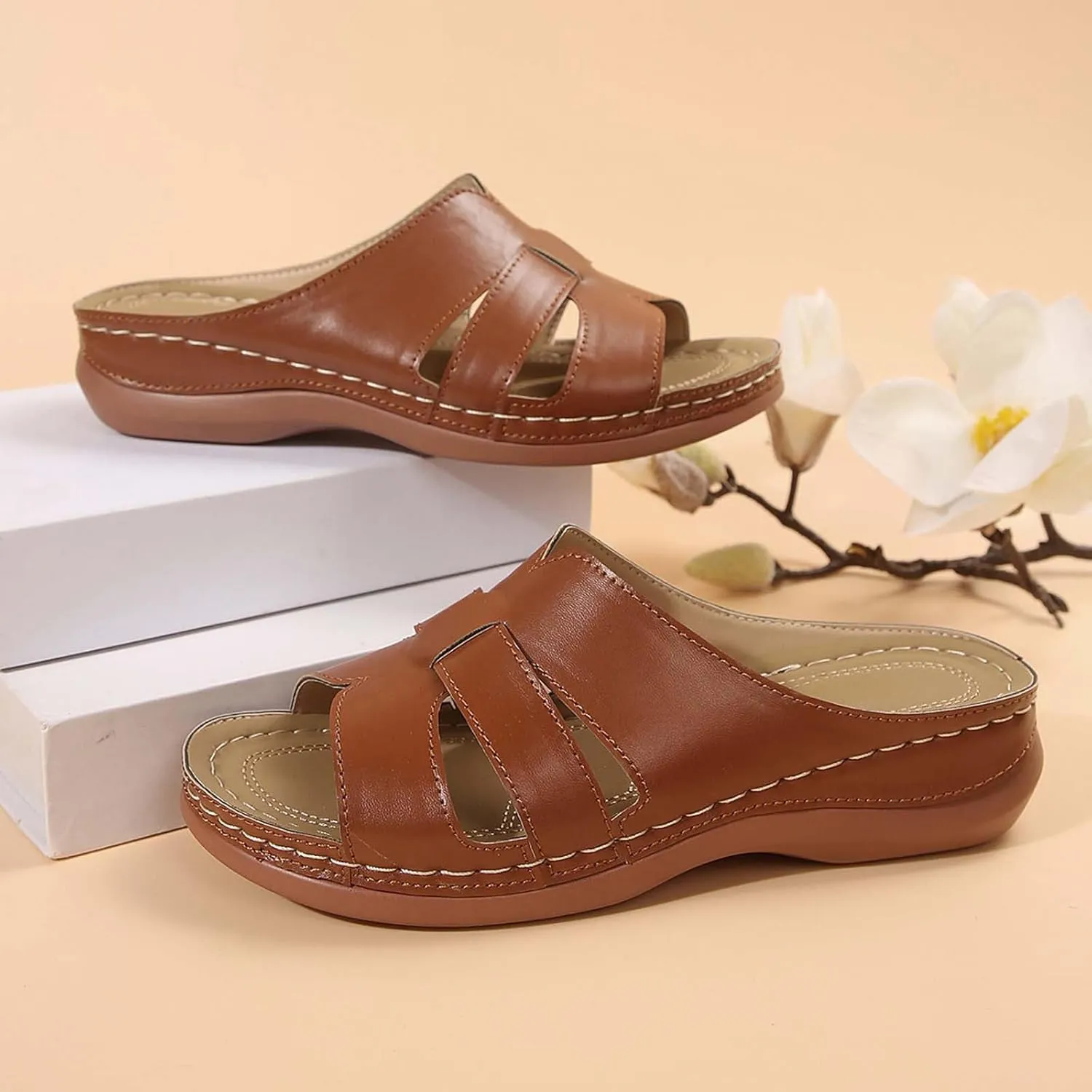 Women Summer Solid Slip On Casual Open Toe Wedges Comfortable Beach Shoes Sandals Flat Feet Arch Support Women Sandals