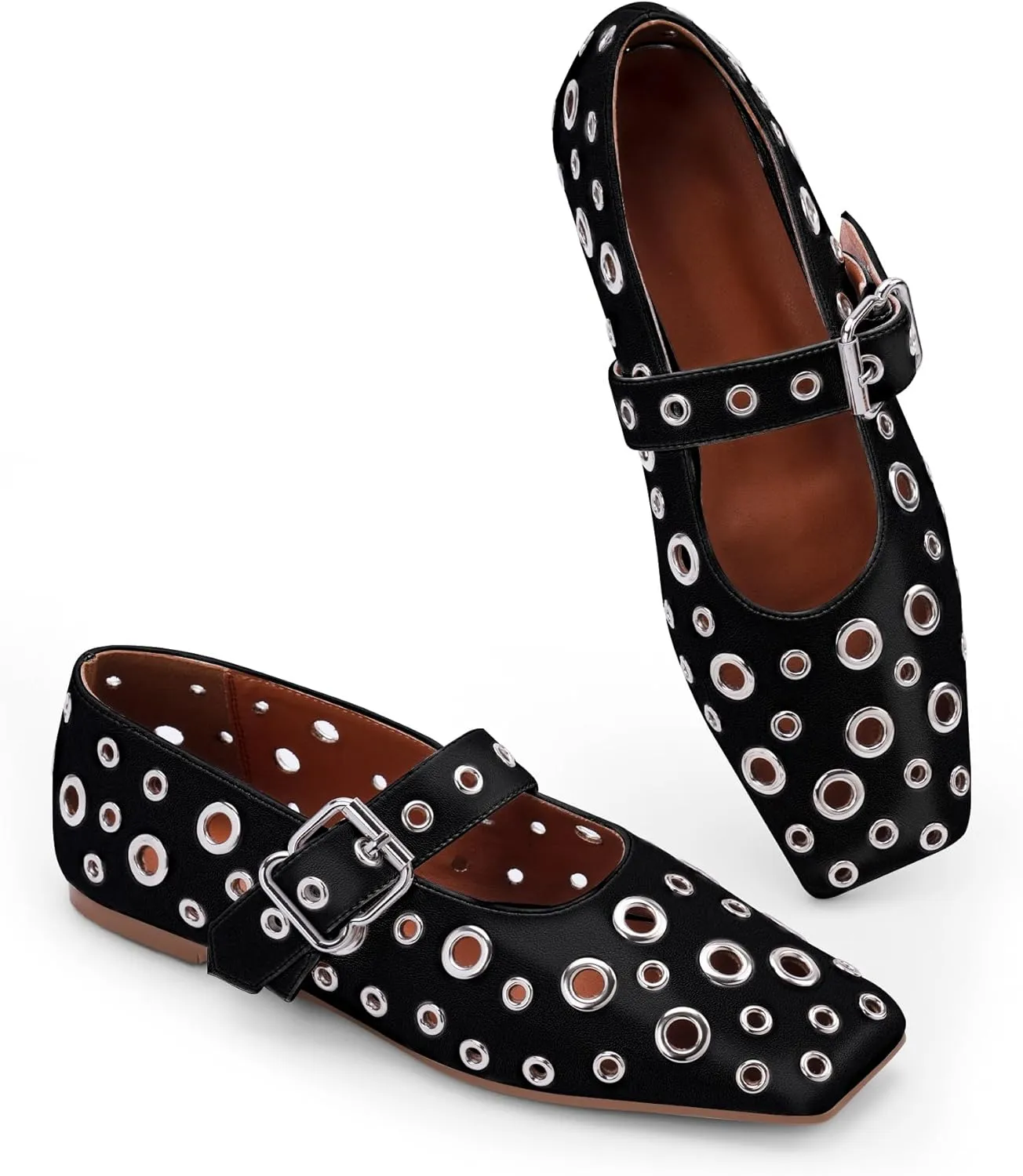 Women's Ballet Flats Studded Metal Eyelet Buckle Perforated Mary Jane Shoes