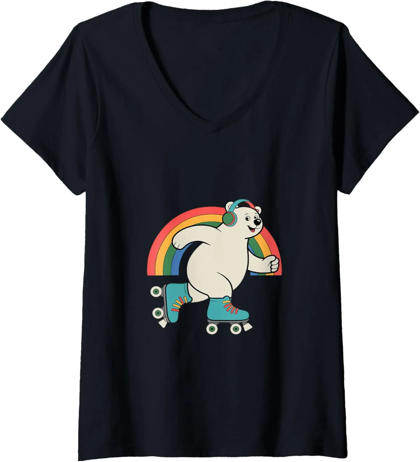Womens Bear In A Roller Skate Shoes Rainbow Kawaii Roller Skating V-Neck T-Shirt