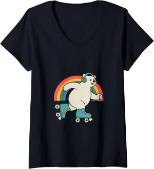 Womens Bear In A Roller Skate Shoes Rainbow Kawaii Roller Skating V-Neck T-Shirt