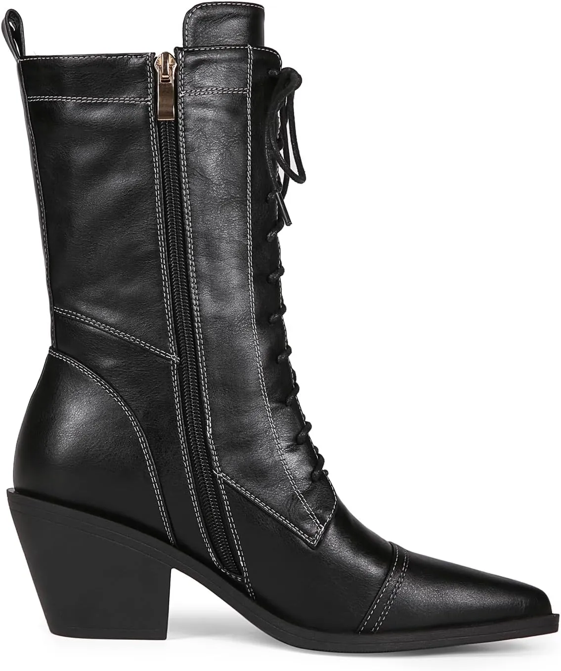 Women's Black Lace-up Combat Boots Side Zipper Chunky Heel Winter Mid-calf Boots