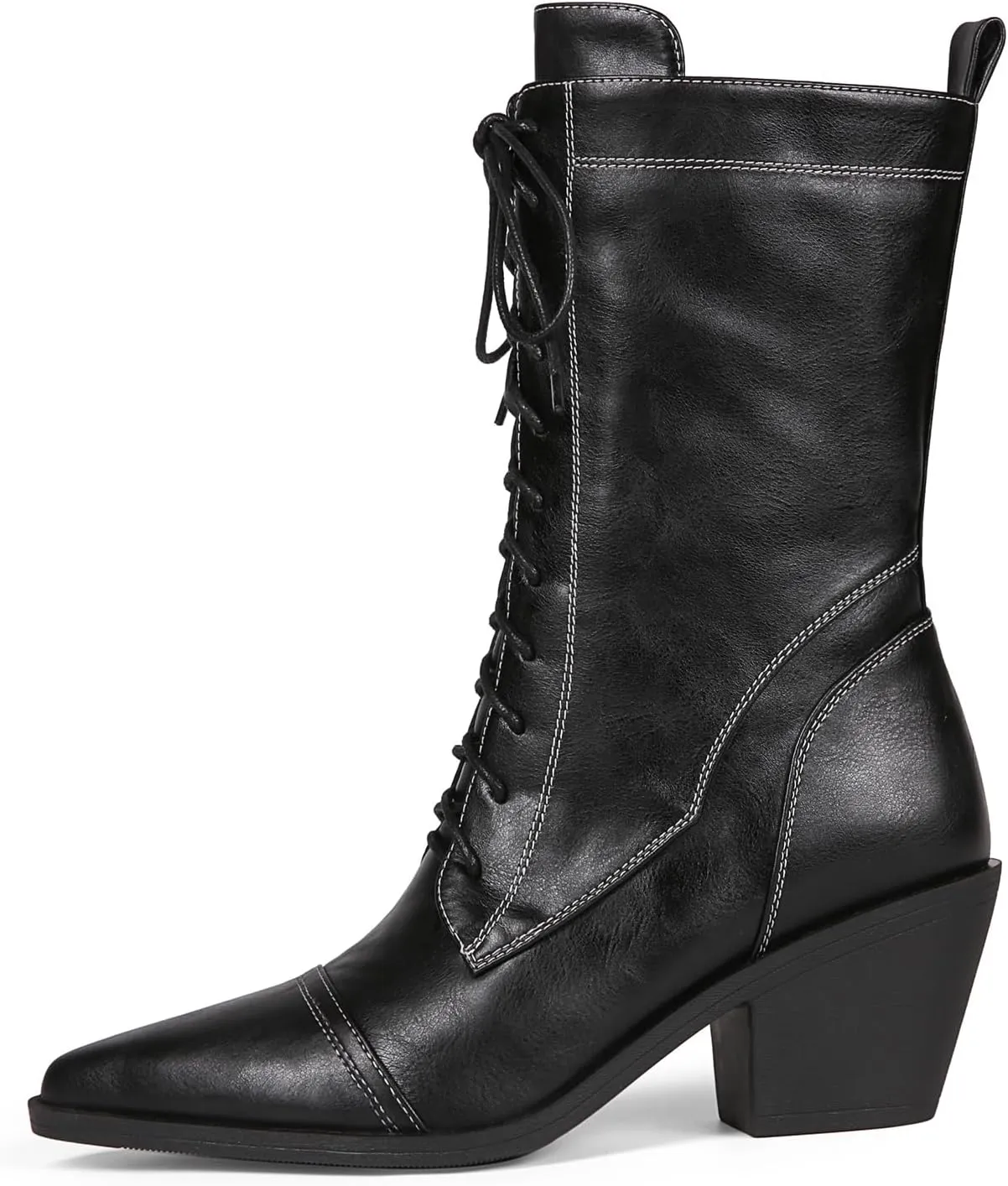 Women's Black Lace-up Combat Boots Side Zipper Chunky Heel Winter Mid-calf Boots