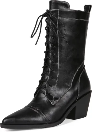 Women's Black Lace-up Combat Boots Side Zipper Chunky Heel Winter Mid-calf Boots