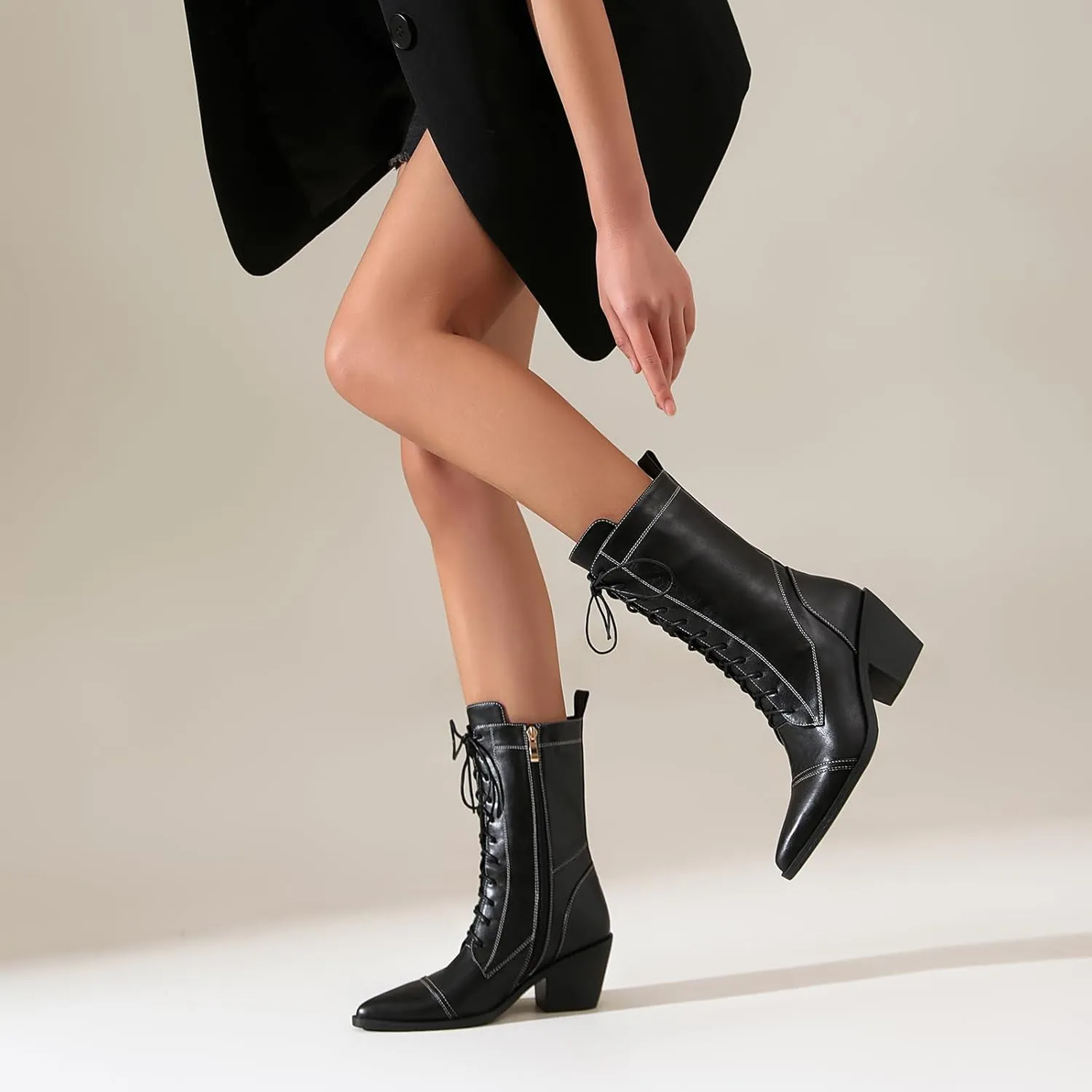 Women's Black Lace-up Combat Boots Side Zipper Chunky Heel Winter Mid-calf Boots