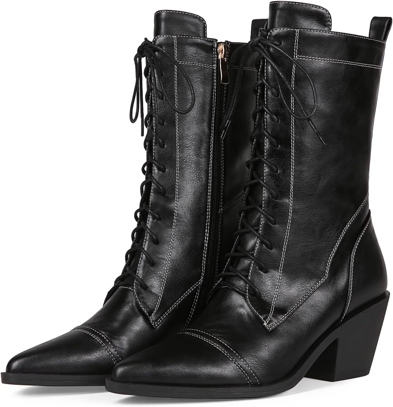 Women's Black Lace-up Combat Boots Side Zipper Chunky Heel Winter Mid-calf Boots