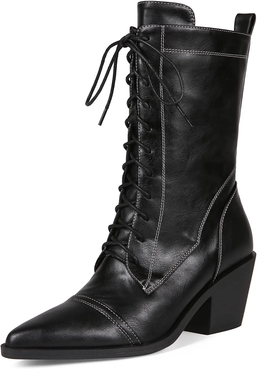 Women's Black Lace-up Combat Boots Side Zipper Chunky Heel Winter Mid-calf Boots