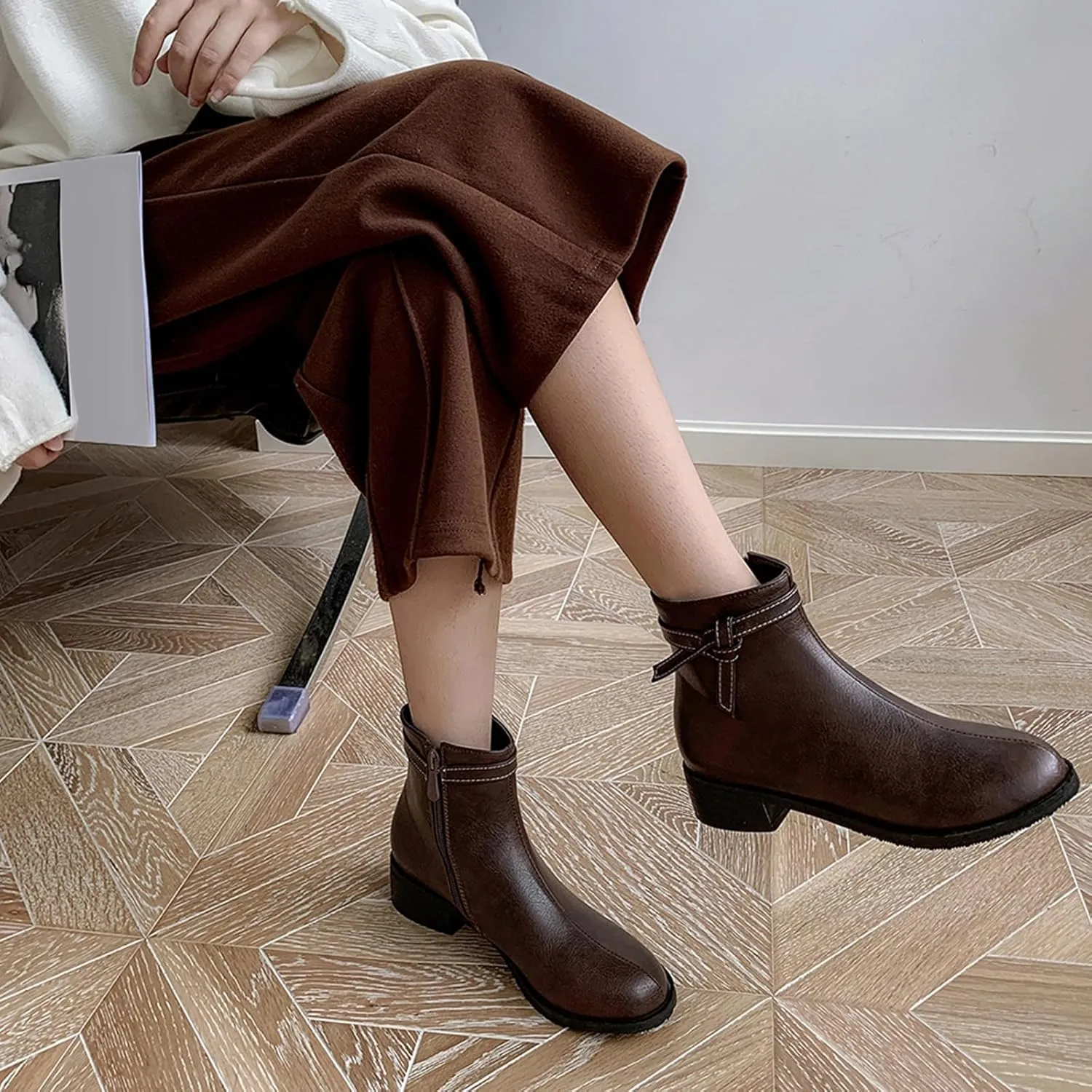 Women's Casual Booties Low Heel Ankle Boots with Side Zipper