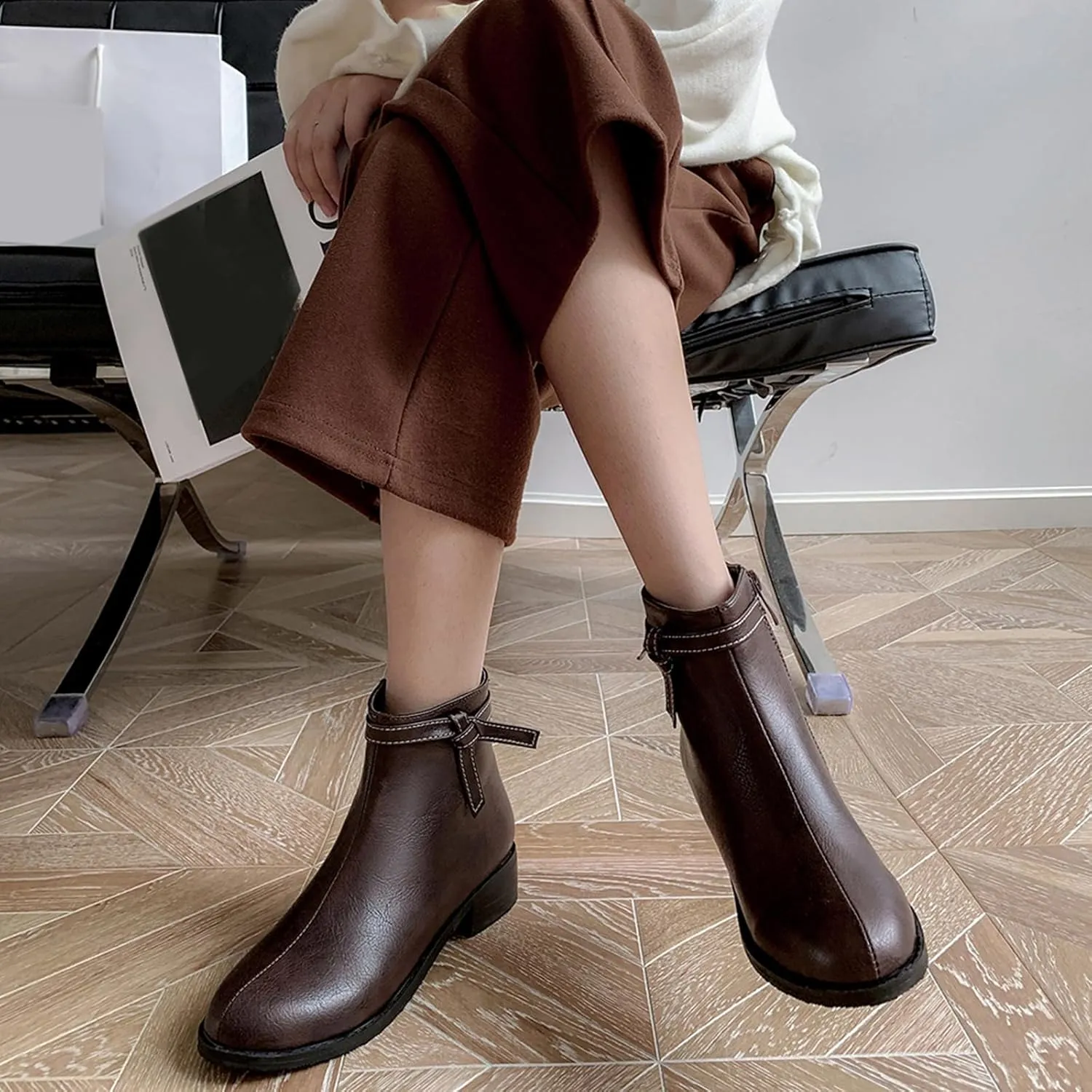 Women's Casual Booties Low Heel Ankle Boots with Side Zipper