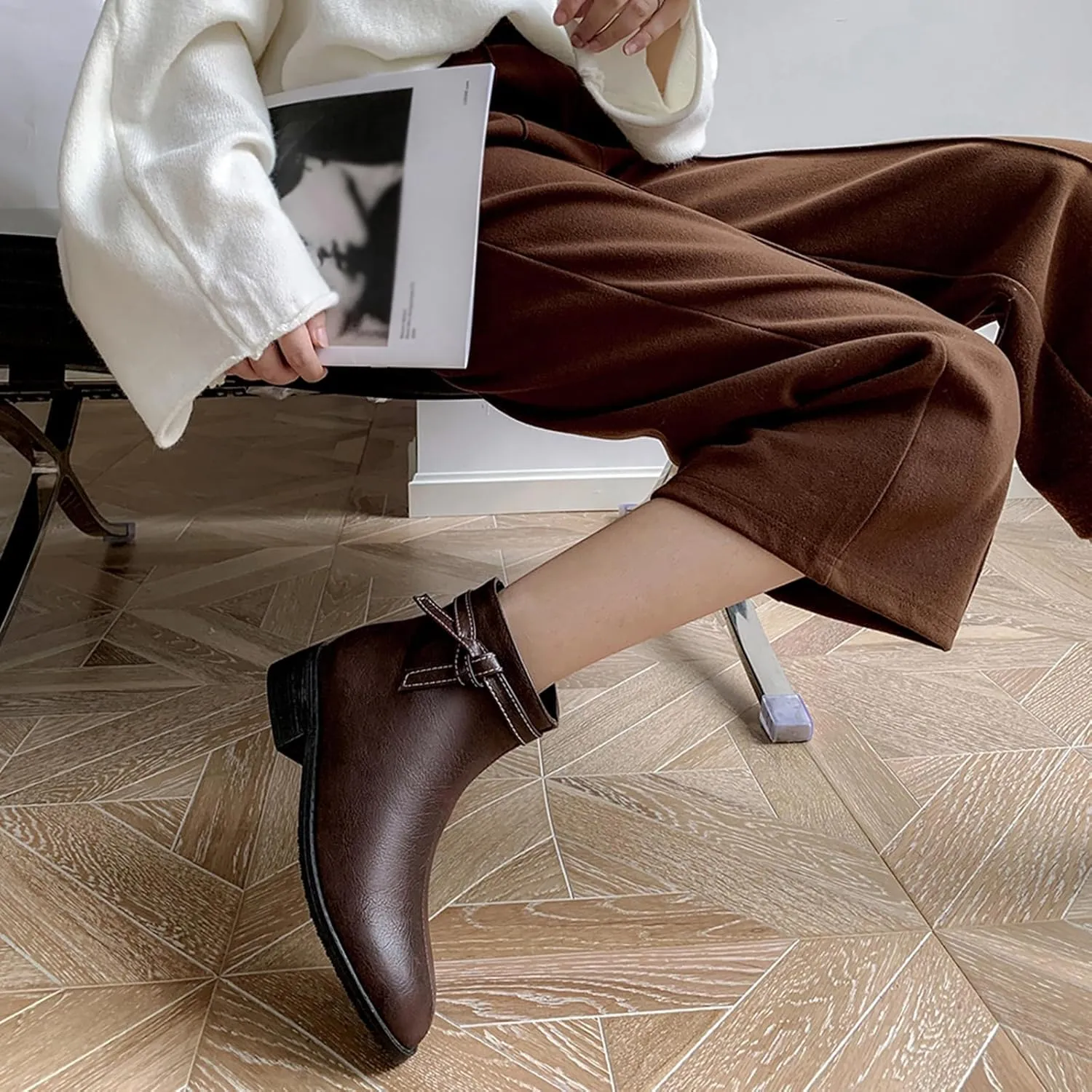 Women's Casual Booties Low Heel Ankle Boots with Side Zipper