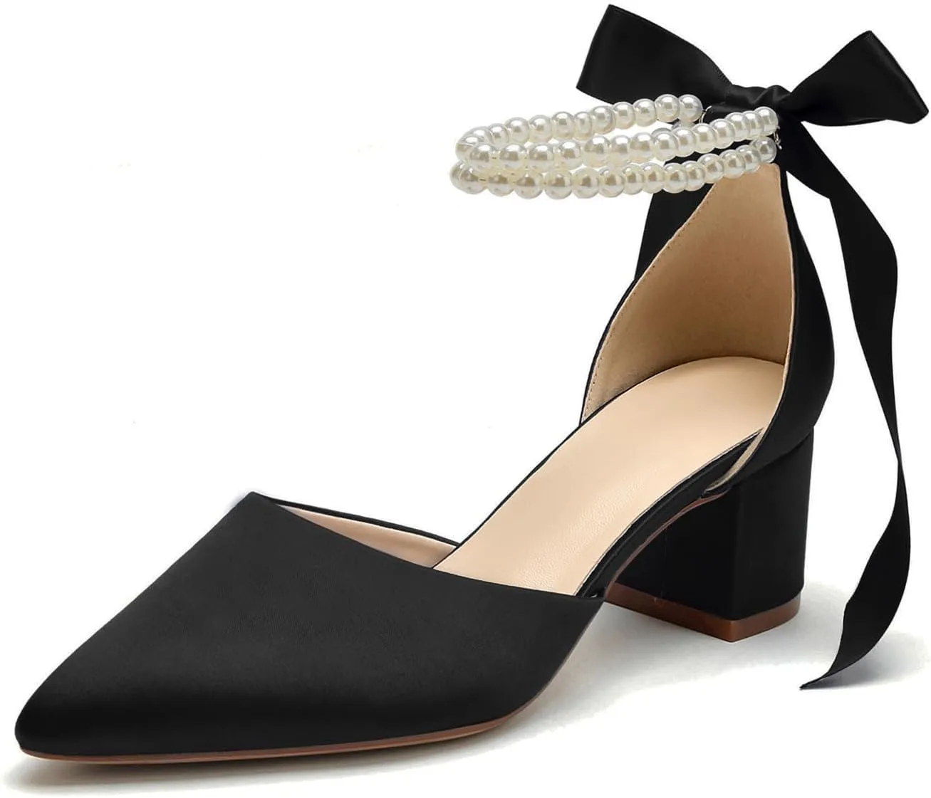 Women's Closed Toe Wedding Shoes Chunky Block Heels with Pearls Satin Pumps Ankle Strap Prom Evening Party Shoes