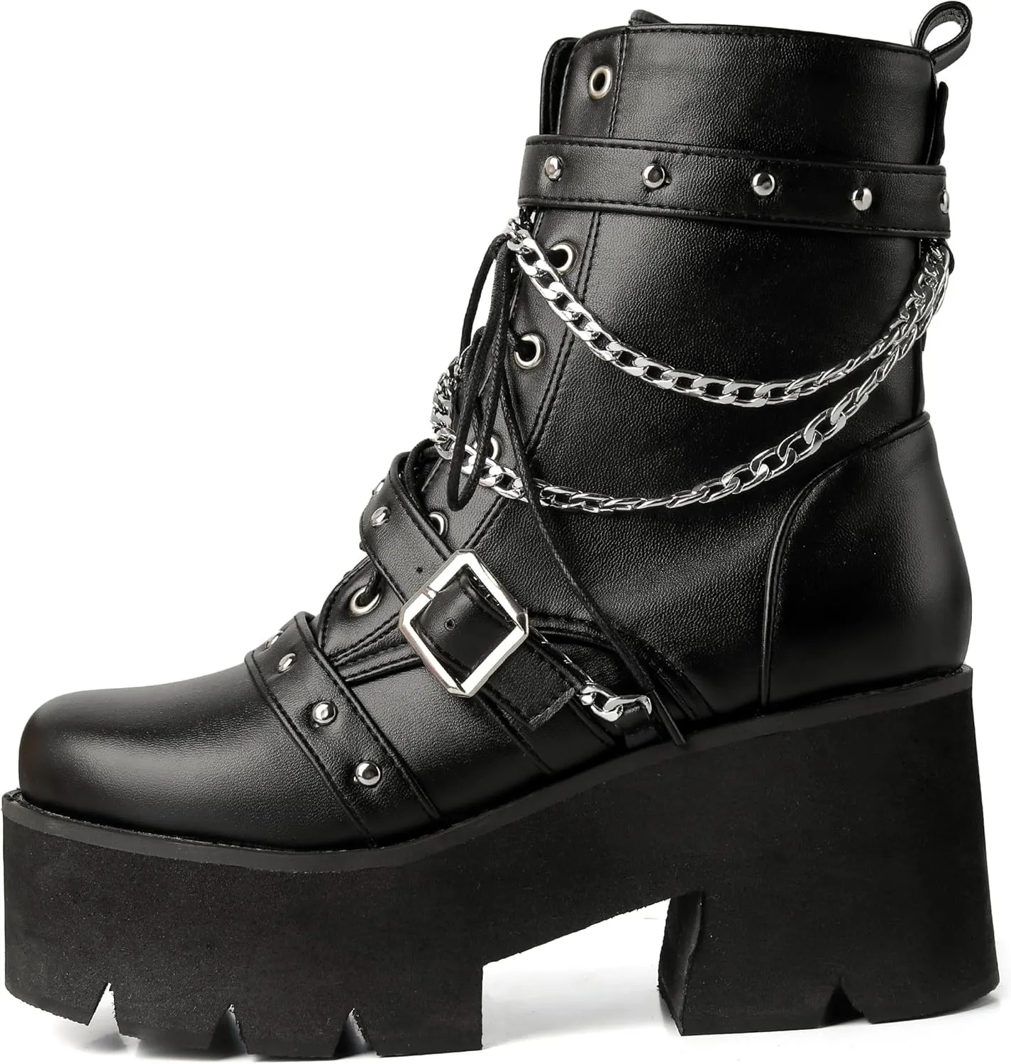 Women's Goth Platform Boots Punk High Chunky Heel Lace Up Round Toe Ankle Boots Chains Buckle Side Zipper Motorcycle Combat Boots