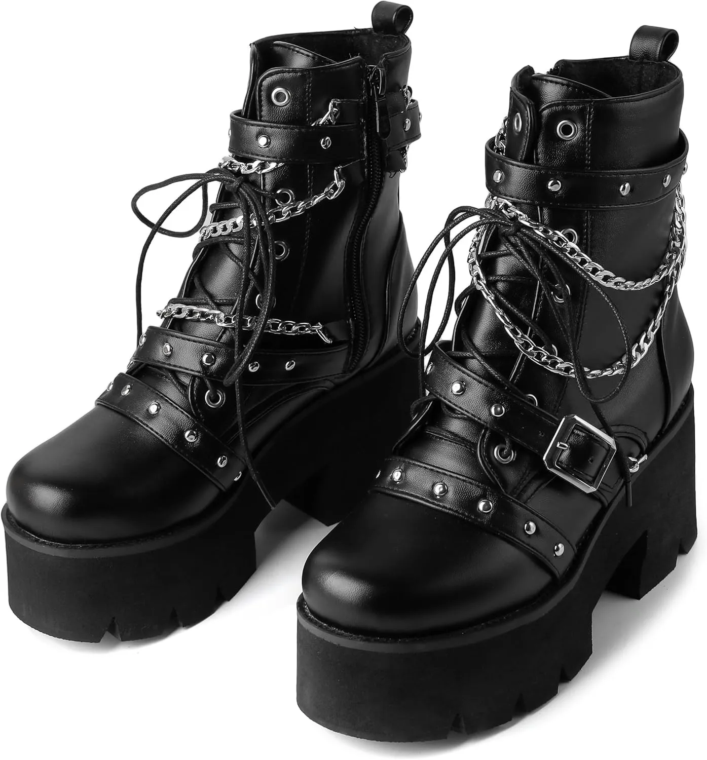 Women's Goth Platform Boots Punk High Chunky Heel Lace Up Round Toe Ankle Boots Chains Buckle Side Zipper Motorcycle Combat Boots