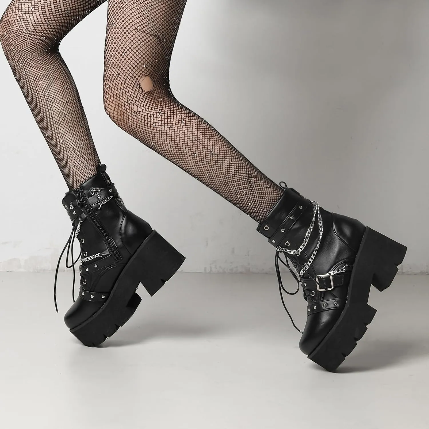 Women's Goth Platform Boots Punk High Chunky Heel Lace Up Round Toe Ankle Boots Chains Buckle Side Zipper Motorcycle Combat Boots