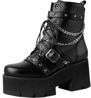 Women's Goth Platform Boots Punk High Chunky Heel Lace Up Round Toe Ankle Boots Chains Buckle Side Zipper Motorcycle Combat Boots