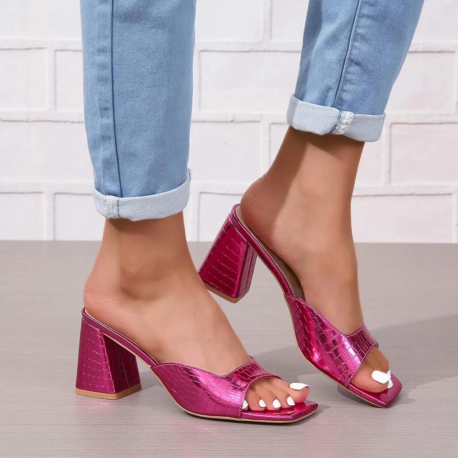 Womens Heeled Sandals Block Chunky Heels Square Toe Slip On Dress Party Casual Pumps Mules Sandals Gold Silver US5-11