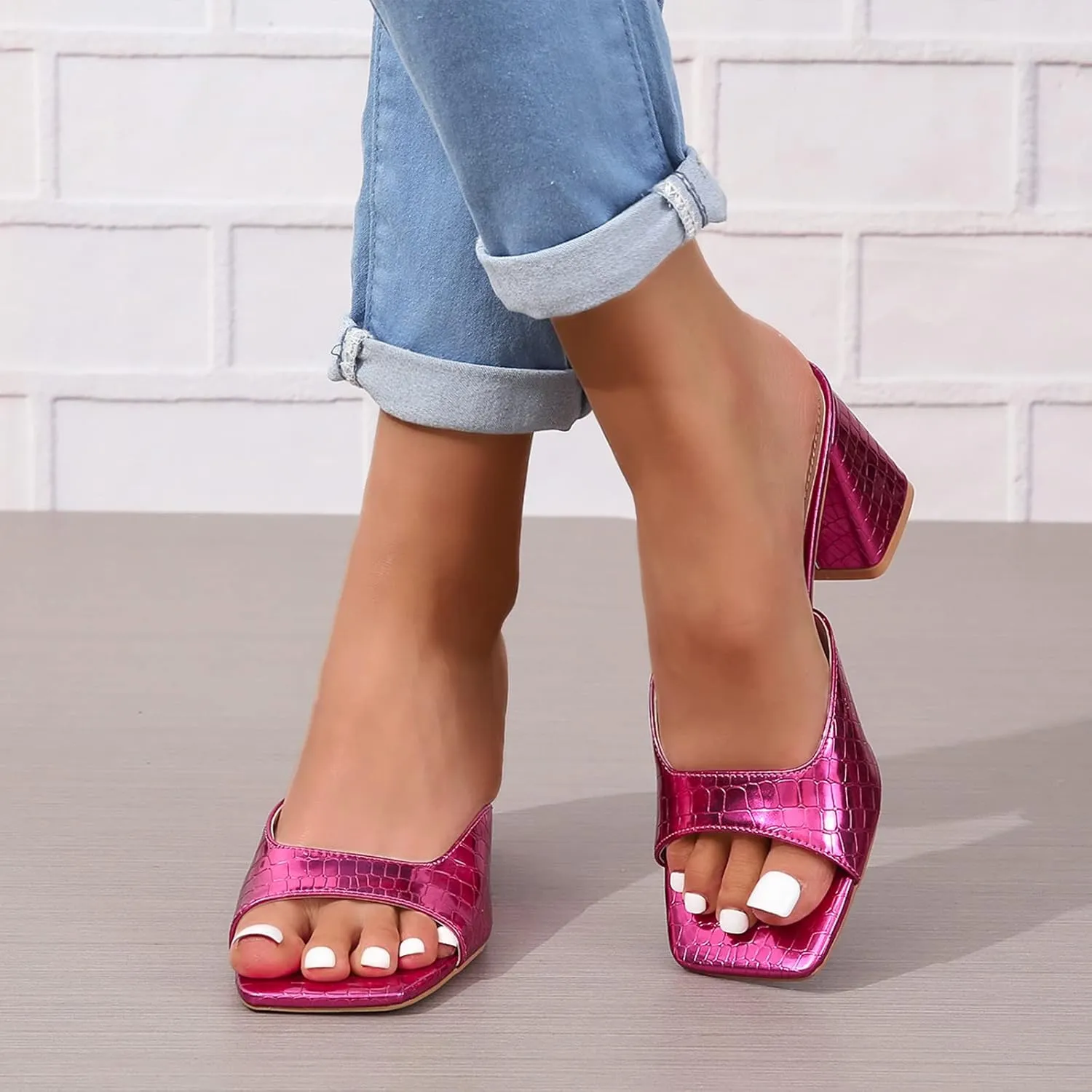 Womens Heeled Sandals Block Chunky Heels Square Toe Slip On Dress Party Casual Pumps Mules Sandals Gold Silver US5-11