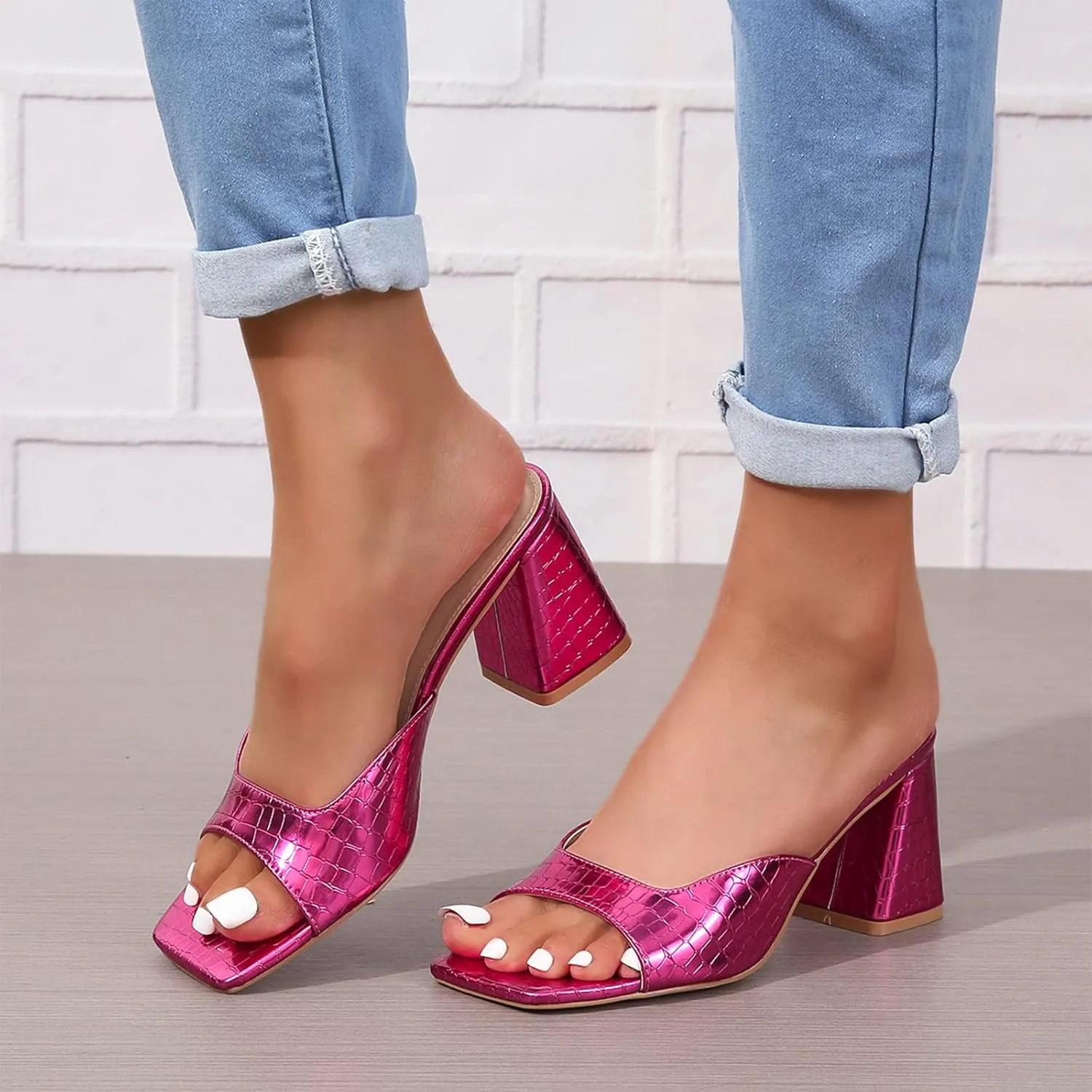 Womens Heeled Sandals Block Chunky Heels Square Toe Slip On Dress Party Casual Pumps Mules Sandals Gold Silver US5-11