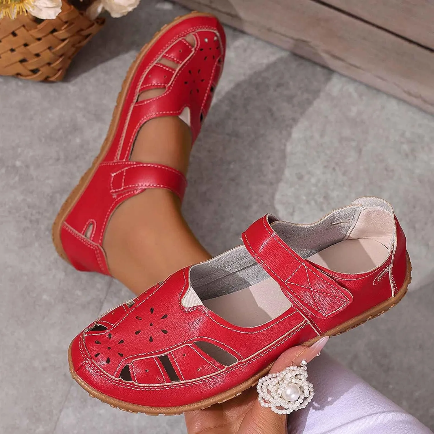Women's Leather Boho Sandals,Comfort Softsole Closed Toe Adjustable Ankle Strap Casual Hollow Sandals for Women Sew