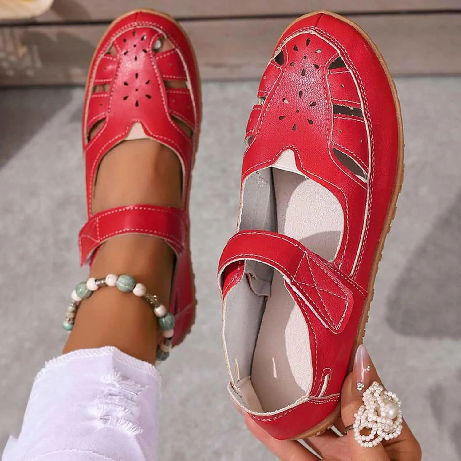 Women's Leather Boho Sandals,Comfort Softsole Closed Toe Adjustable Ankle Strap Casual Hollow Sandals for Women Sew