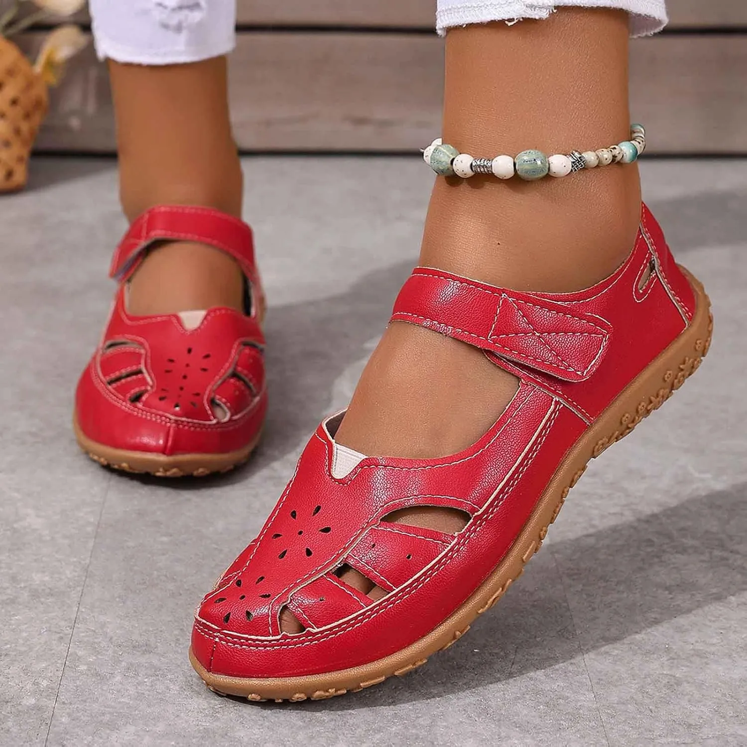 Women's Leather Boho Sandals,Comfort Softsole Closed Toe Adjustable Ankle Strap Casual Hollow Sandals for Women Sew