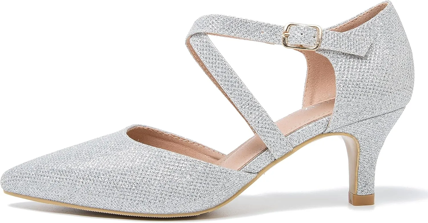 Women's Low Kitten Heels Pointed Toe Pumps Cross Strap Closed Toe D'Orsay Dress Wedding Bridal Party Office Shoes